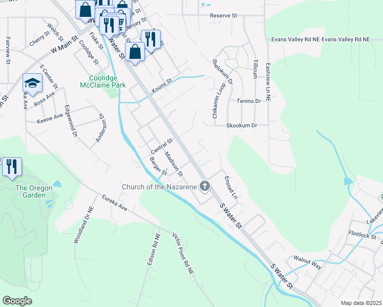 map of restaurants, bars, coffee shops, grocery stores, and more near 206 Trees Court in Silverton