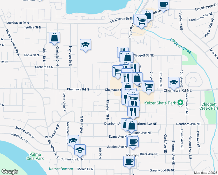 map of restaurants, bars, coffee shops, grocery stores, and more near 5001 Elizabeth Street North in Keizer