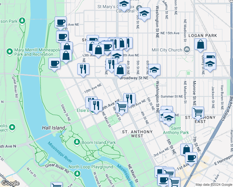 map of restaurants, bars, coffee shops, grocery stores, and more near 809 University Avenue Northeast in Minneapolis