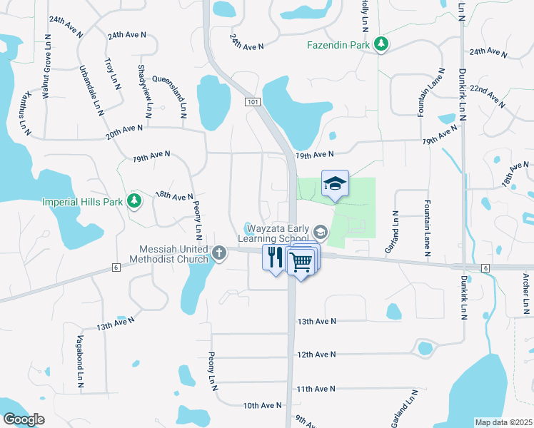 map of restaurants, bars, coffee shops, grocery stores, and more near 1625 Merrimac Lane North in Plymouth