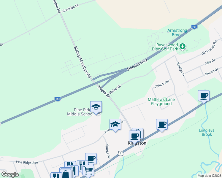 map of restaurants, bars, coffee shops, grocery stores, and more near 670 Balser Drive in Kingston