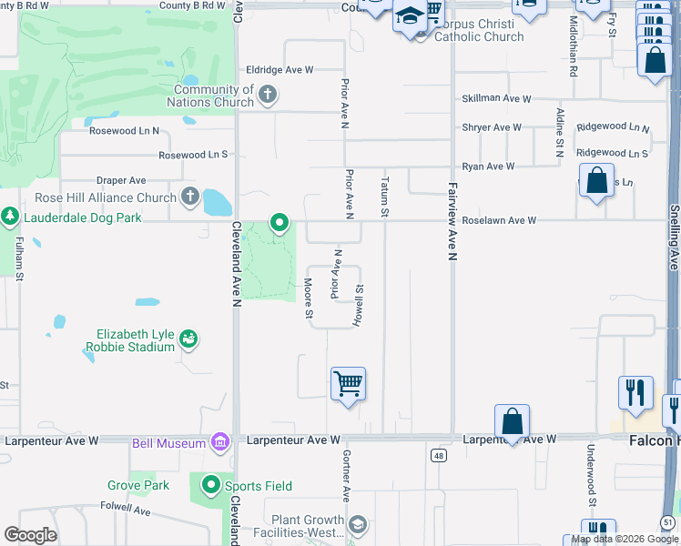 map of restaurants, bars, coffee shops, grocery stores, and more near 1853 North Howell Street in Roseville