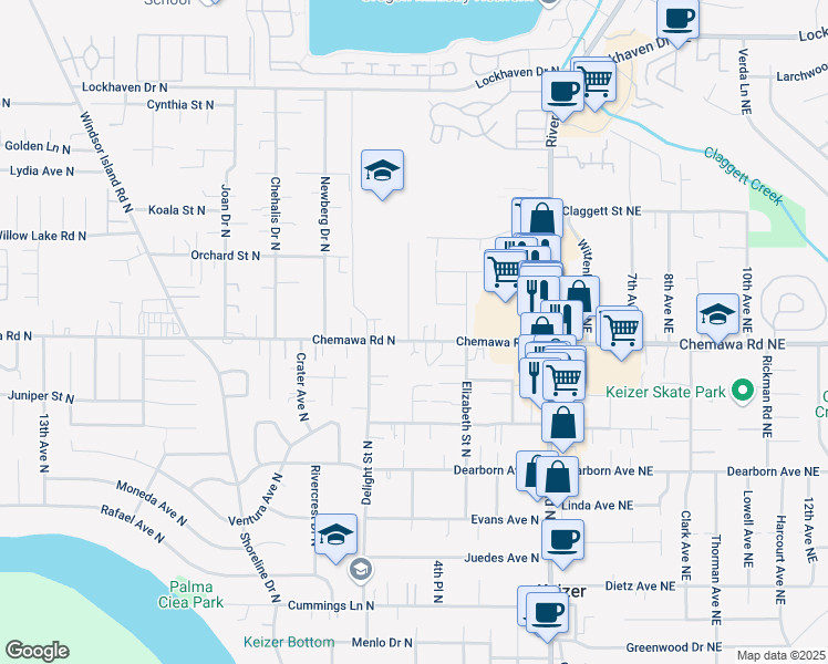 map of restaurants, bars, coffee shops, grocery stores, and more near 442 Chemawa Road North in Keizer
