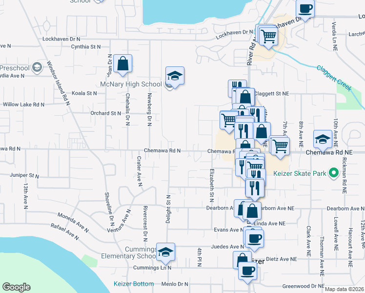 map of restaurants, bars, coffee shops, grocery stores, and more near 540 Chemawa Road North in Keizer