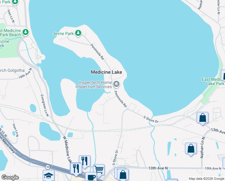 map of restaurants, bars, coffee shops, grocery stores, and more near 125 Peninsula Road in Minneapolis