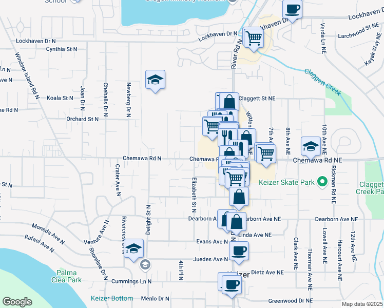map of restaurants, bars, coffee shops, grocery stores, and more near 5001 Elizabeth Street North in Keizer