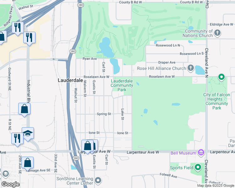 map of restaurants, bars, coffee shops, grocery stores, and more near 1849 Summer Street in Lauderdale
