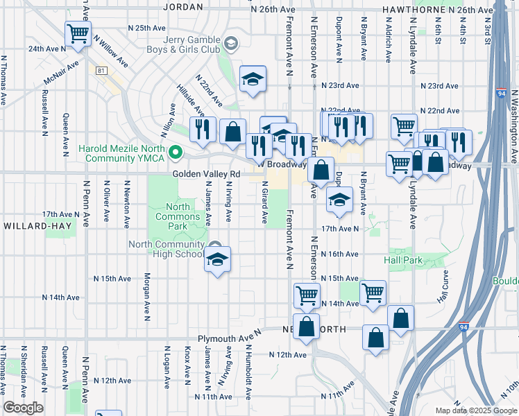 map of restaurants, bars, coffee shops, grocery stores, and more near 1725 Girard Avenue North in Minneapolis