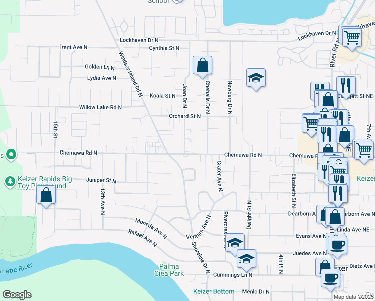 map of restaurants, bars, coffee shops, grocery stores, and more near 893 Chemawa Road North in Keizer