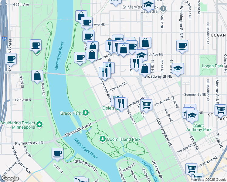 map of restaurants, bars, coffee shops, grocery stores, and more near 114 10th Avenue Northeast in Minneapolis