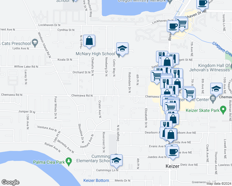 map of restaurants, bars, coffee shops, grocery stores, and more near 605 Chemawa Road North in Keizer