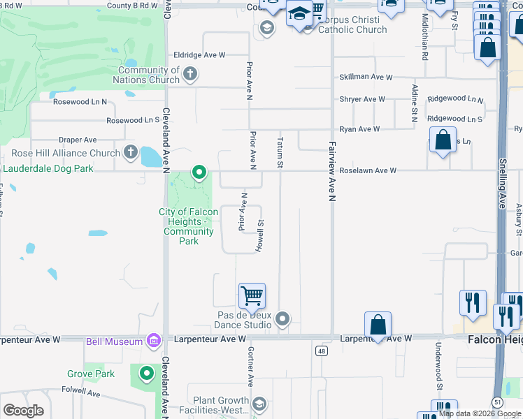 map of restaurants, bars, coffee shops, grocery stores, and more near 1853 North Howell Street in Falcon Heights