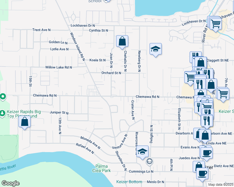 map of restaurants, bars, coffee shops, grocery stores, and more near 865 Chemawa Road North in Keizer