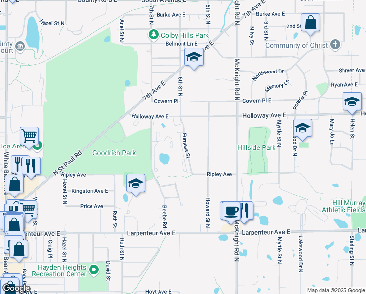 map of restaurants, bars, coffee shops, grocery stores, and more near 1855 Furness Street in Maplewood