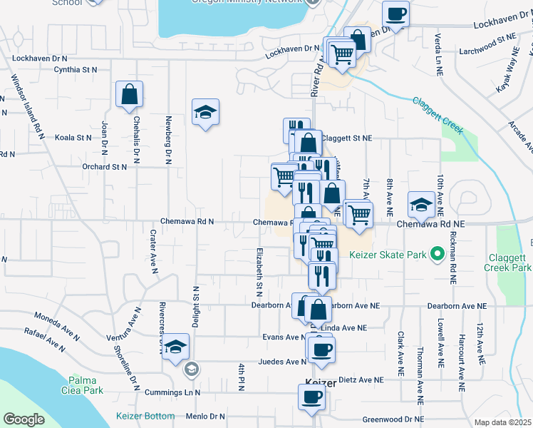 map of restaurants, bars, coffee shops, grocery stores, and more near 5001 Elizabeth Street North in Keizer