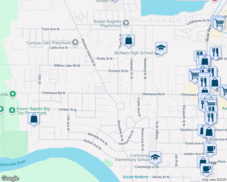 map of restaurants, bars, coffee shops, grocery stores, and more near 989 Leeward Court North in Keizer