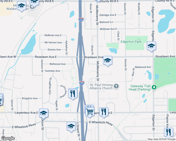 map of restaurants, bars, coffee shops, grocery stores, and more near 317 Summer Place East in Maplewood