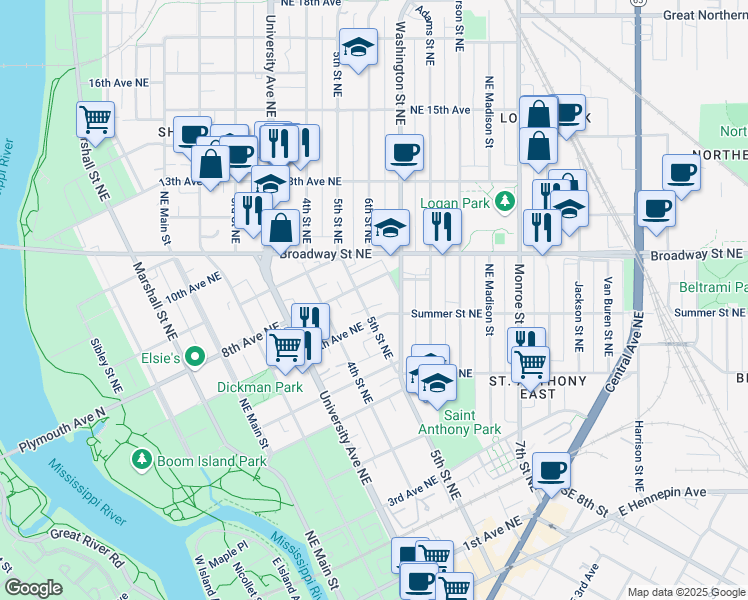 map of restaurants, bars, coffee shops, grocery stores, and more near 515 Summer Street Northeast in Minneapolis