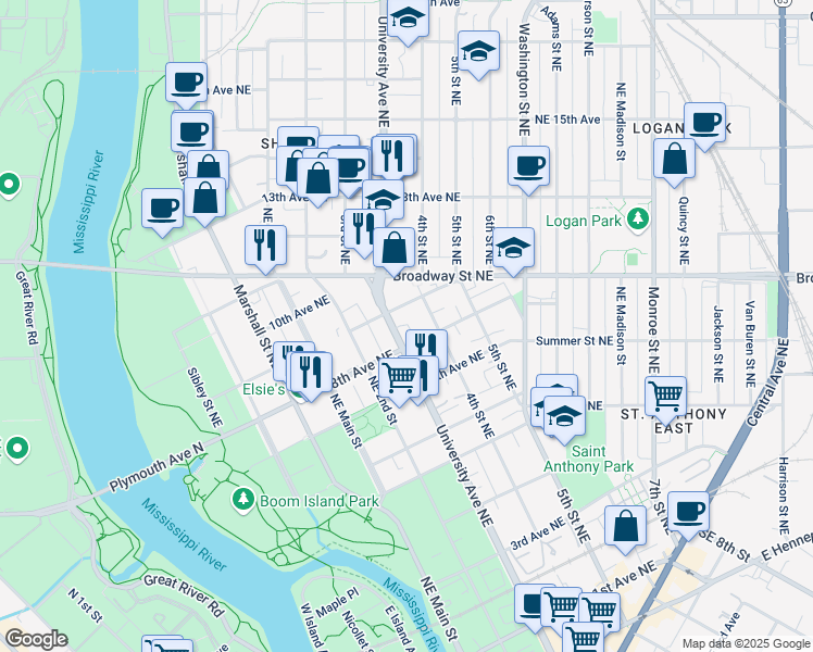 map of restaurants, bars, coffee shops, grocery stores, and more near 809 University Avenue Northeast in Minneapolis