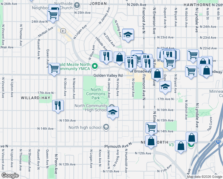 map of restaurants, bars, coffee shops, grocery stores, and more near 1631 17th Avenue North in Minneapolis