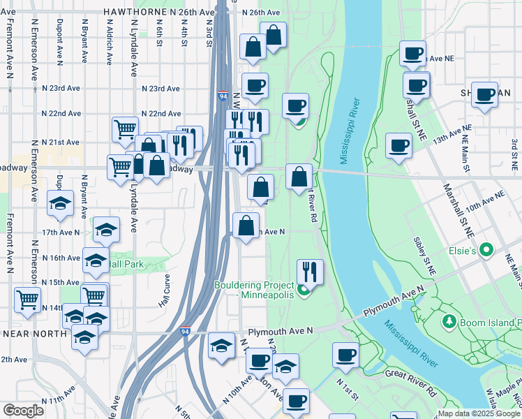 map of restaurants, bars, coffee shops, grocery stores, and more near 217 18th Avenue North in Minneapolis