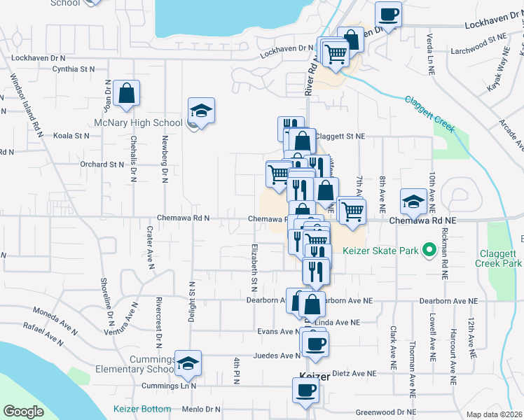 map of restaurants, bars, coffee shops, grocery stores, and more near 5002-5024 Elizabeth Street North in Keizer