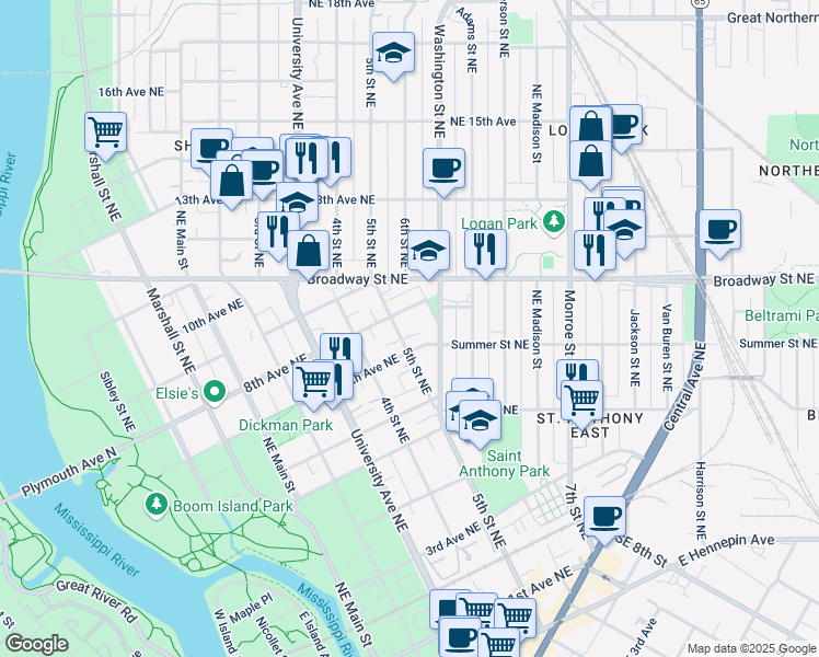 map of restaurants, bars, coffee shops, grocery stores, and more near 515 Summer Street Northeast in Minneapolis