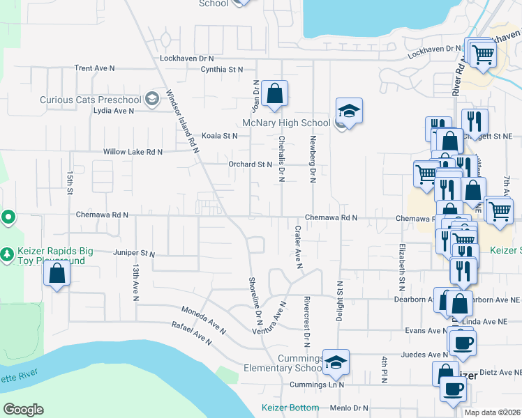 map of restaurants, bars, coffee shops, grocery stores, and more near 861-893 Chemawa Road North in Keizer
