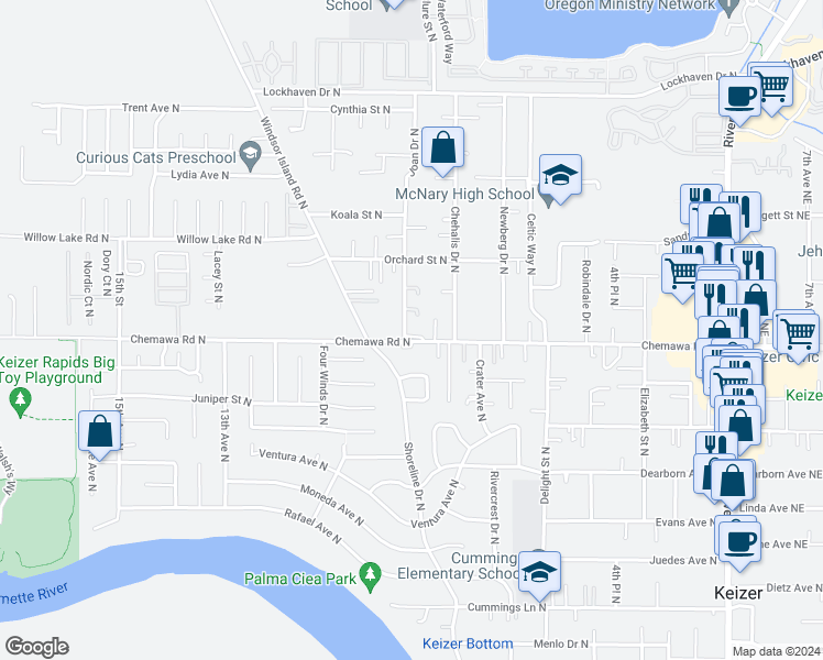 map of restaurants, bars, coffee shops, grocery stores, and more near 885 Chemawa Road North in Keizer