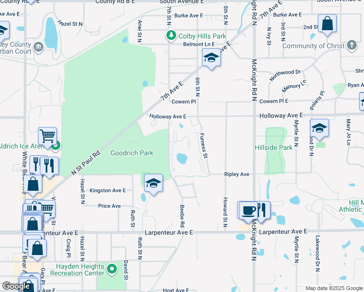 map of restaurants, bars, coffee shops, grocery stores, and more near 1854 Beebe Road in Maplewood