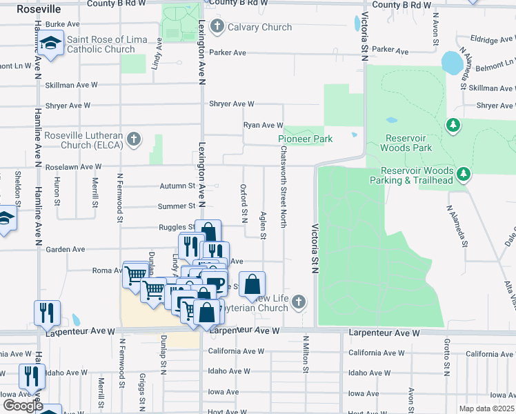 map of restaurants, bars, coffee shops, grocery stores, and more near 1850 Aglen Street in Roseville