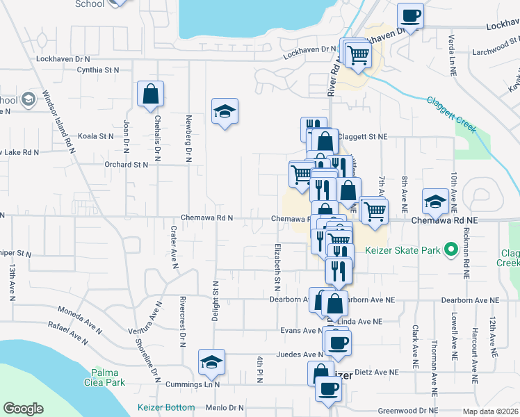map of restaurants, bars, coffee shops, grocery stores, and more near 442 Chemawa Road North in Keizer