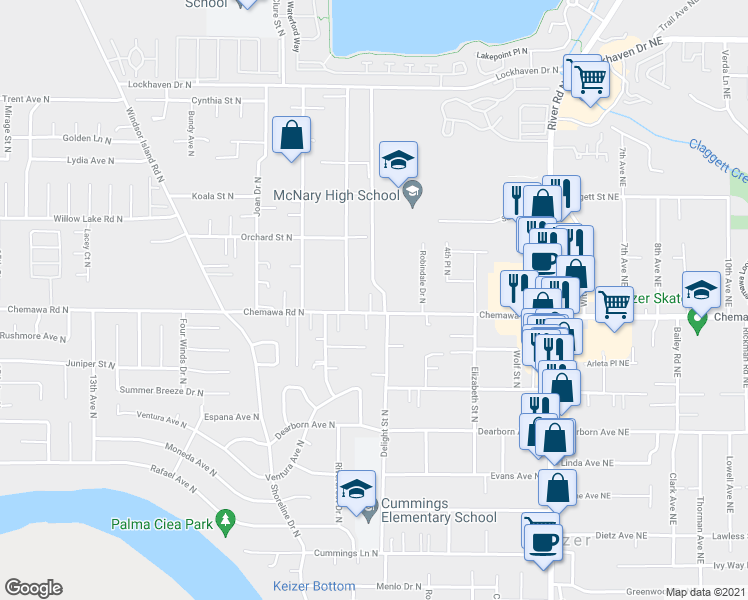 map of restaurants, bars, coffee shops, grocery stores, and more near 620 Chemawa Road North in Keizer
