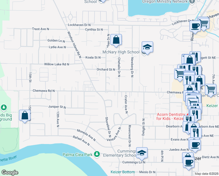 map of restaurants, bars, coffee shops, grocery stores, and more near 893 Chemawa Road North in Keizer