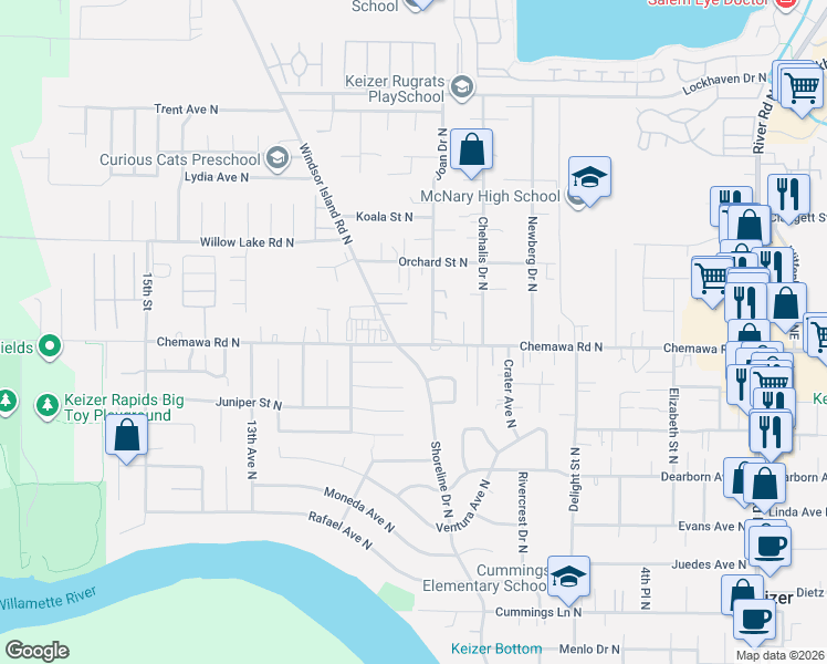 map of restaurants, bars, coffee shops, grocery stores, and more near 989 Leeward Court North in Keizer
