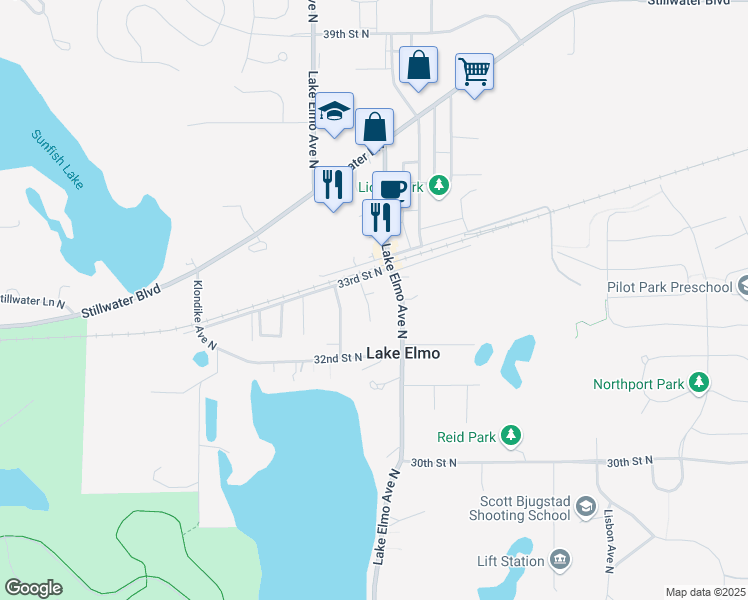map of restaurants, bars, coffee shops, grocery stores, and more near 3308 Lake Elmo Avenue North in Lake Elmo