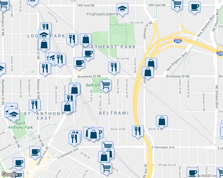 map of restaurants, bars, coffee shops, grocery stores, and more near 702 Pierce Street Northeast in Minneapolis