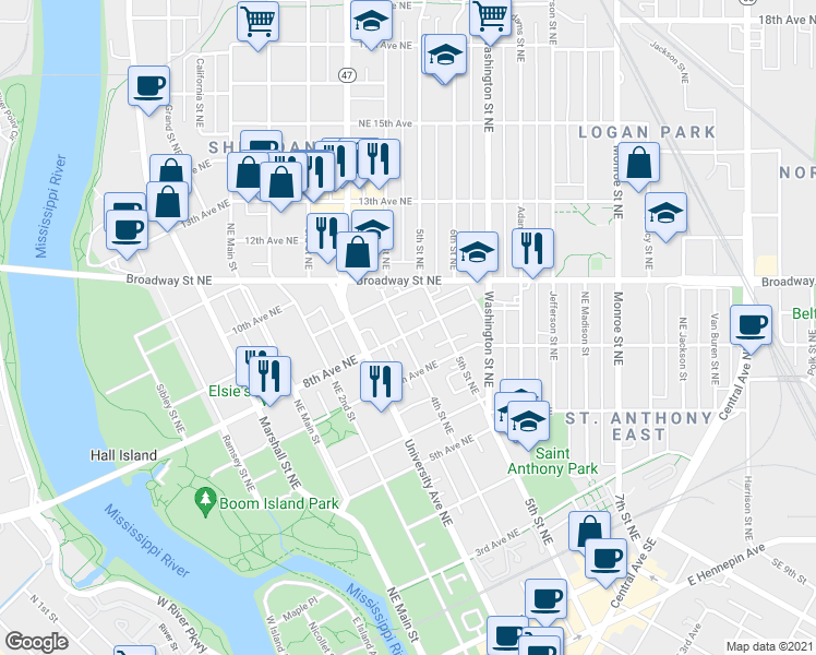 map of restaurants, bars, coffee shops, grocery stores, and more near 330 8th Avenue Northeast in Minneapolis