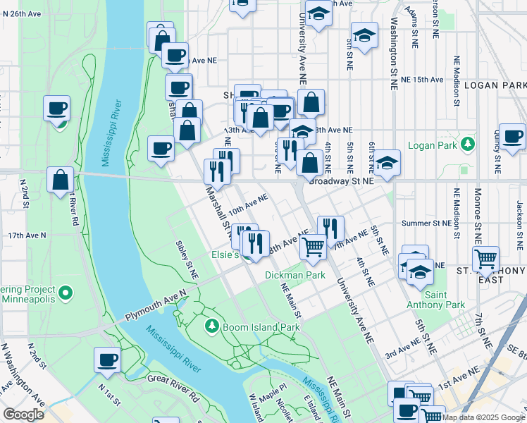 map of restaurants, bars, coffee shops, grocery stores, and more near 909 Northeast Main Street in Minneapolis