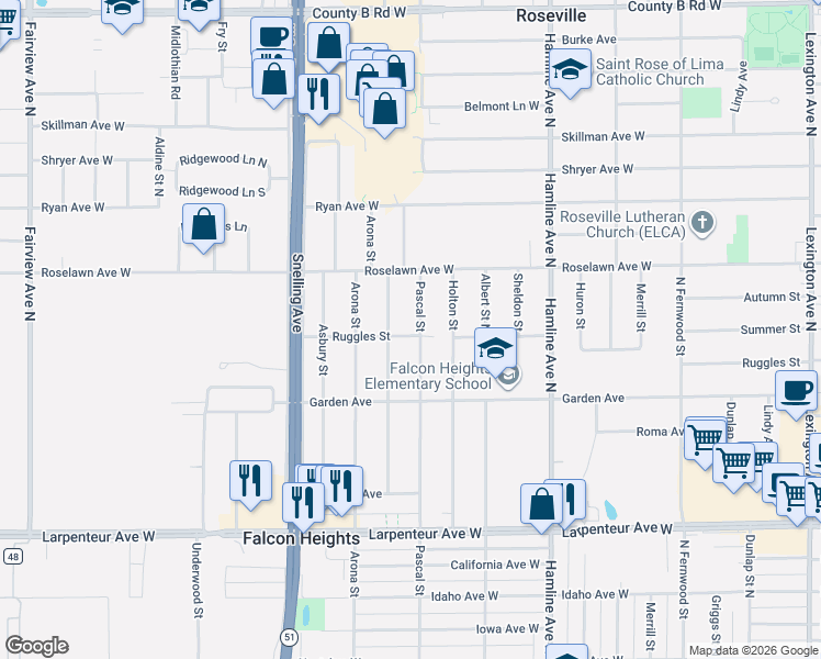 map of restaurants, bars, coffee shops, grocery stores, and more near 1865 Ruggles Street in Falcon Heights