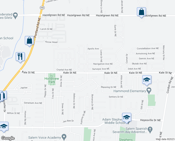 map of restaurants, bars, coffee shops, grocery stores, and more near 5115 Countryside Drive Northeast in Salem