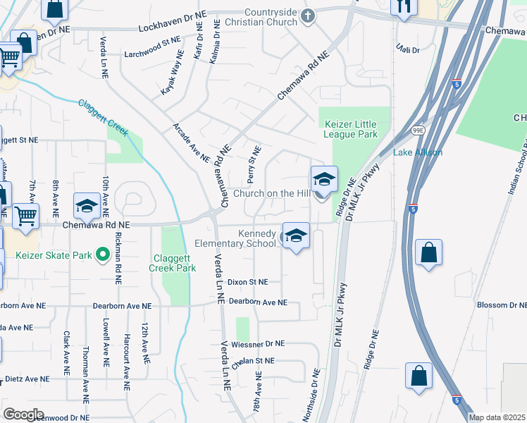 map of restaurants, bars, coffee shops, grocery stores, and more near 1815 Drexler Lane Northeast in Keizer
