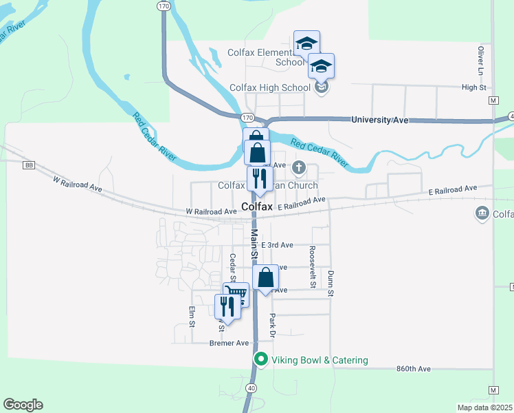 map of restaurants, bars, coffee shops, grocery stores, and more near in Colfax