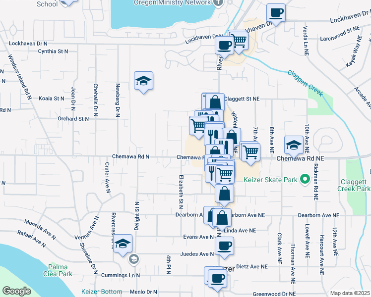 map of restaurants, bars, coffee shops, grocery stores, and more near 5018 Elizabeth Street North in Keizer