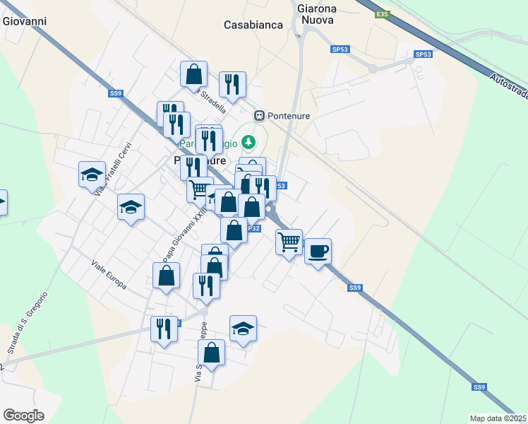 map of restaurants, bars, coffee shops, grocery stores, and more near 11 Via Giuseppe Garibaldi in Pontenure