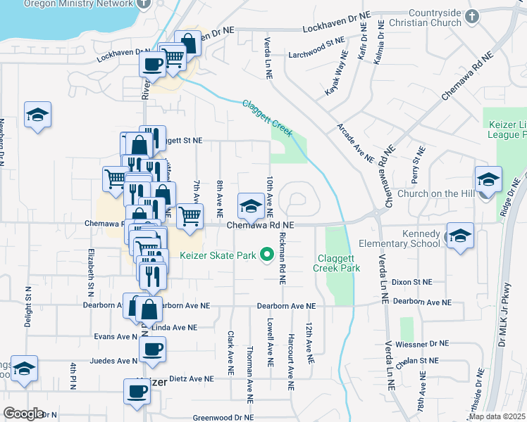 map of restaurants, bars, coffee shops, grocery stores, and more near 961 Chemawa Road Northeast in Keizer