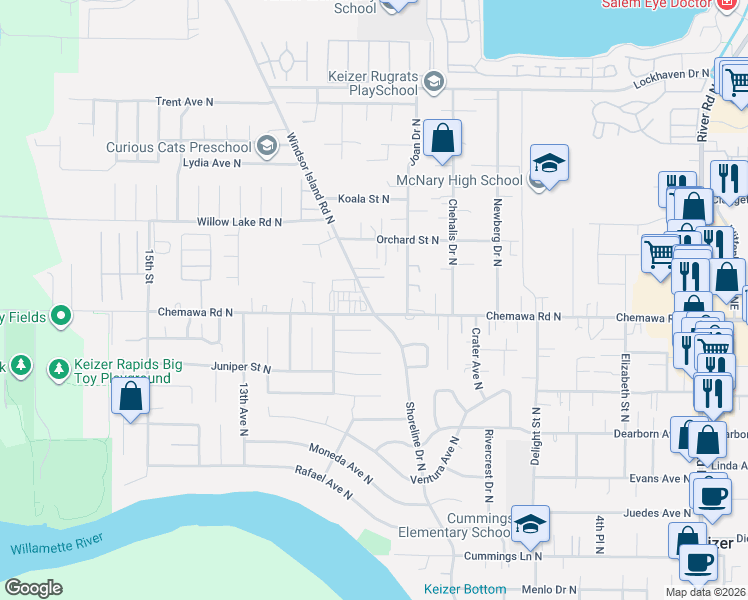 map of restaurants, bars, coffee shops, grocery stores, and more near 989 Leeward Court North in Keizer