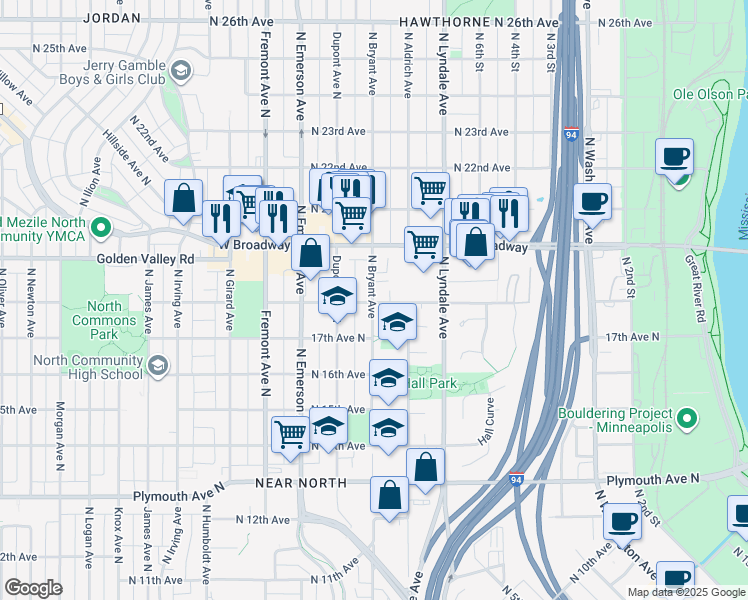 map of restaurants, bars, coffee shops, grocery stores, and more near 1726 North Bryant Avenue in Minneapolis