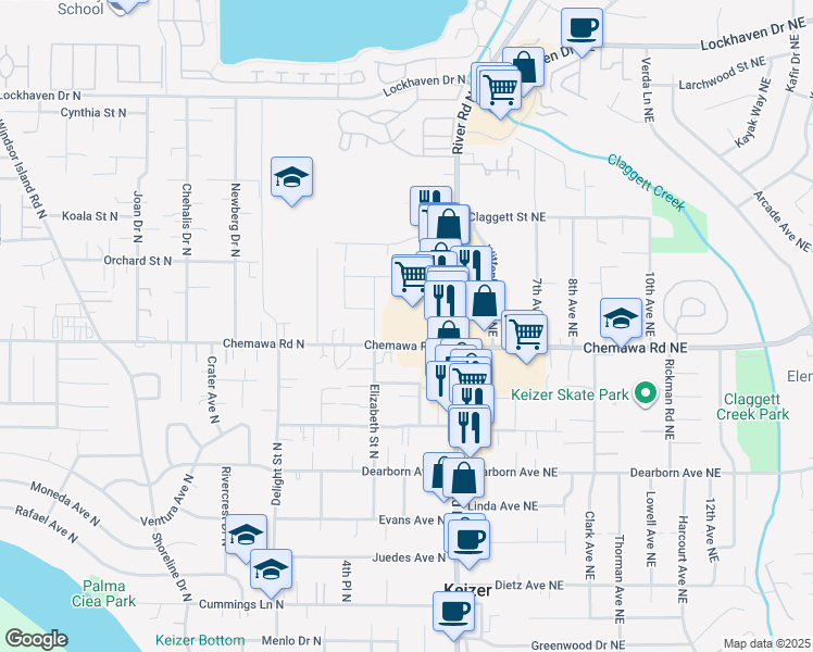 map of restaurants, bars, coffee shops, grocery stores, and more near in Keizer
