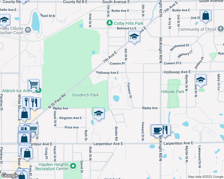 map of restaurants, bars, coffee shops, grocery stores, and more near 1854 Beebe Road in Maplewood